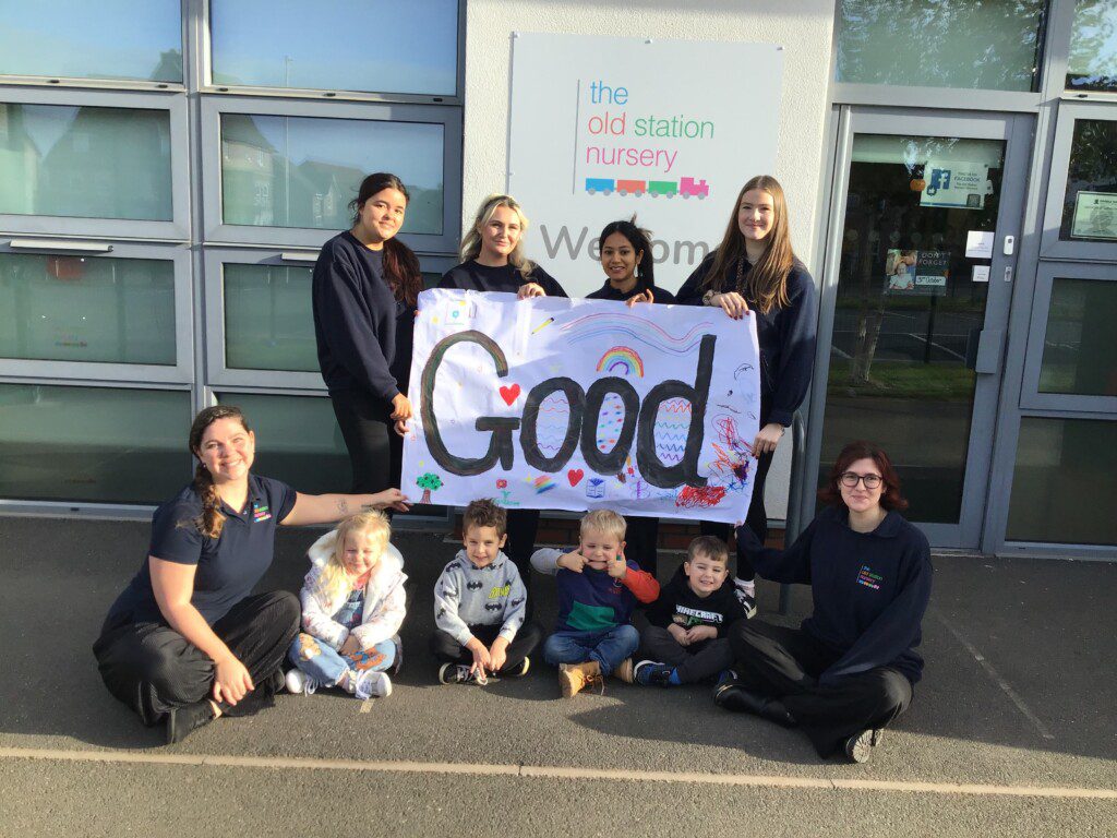 Staff and children at The Old Station Nursery Warwick, celebrate their recent Ofsted grading