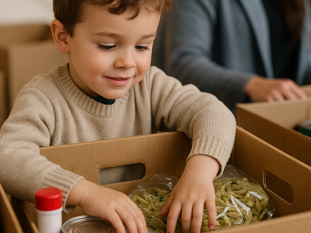 Child filling a box with food for the food bank